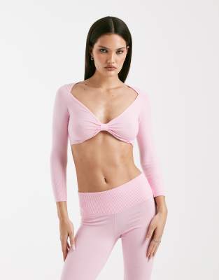 I.AM.GIA I.AM.GIA Morgana super soft fine knit bow front long sleeve crop top co-ord in baby pink