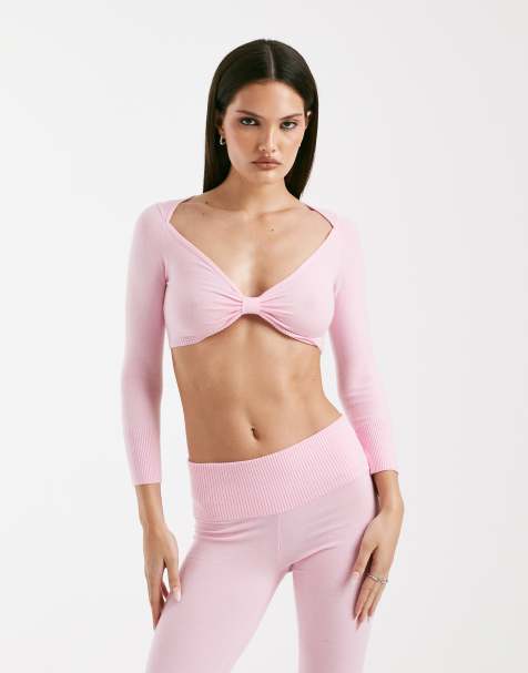 I.AM.GIA Morgana super soft fine knit bow front long sleeve crop top co-ord in baby pink