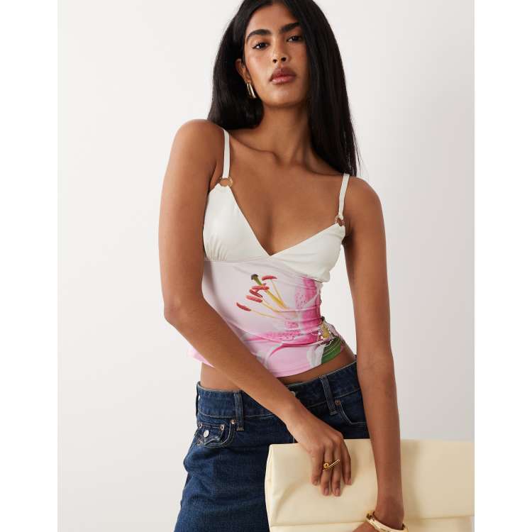 I.AM.GIA Odetta slinky diamante logo cami top in pink flower ombre
