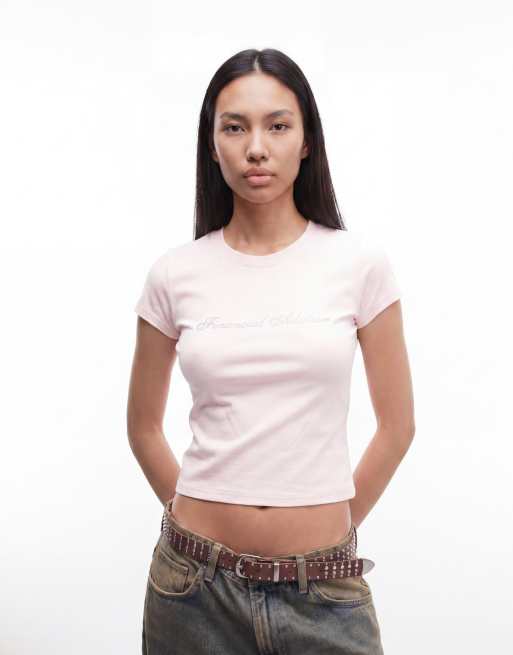 I.AM.GIA Odezia 'Financial Advisor' diamante graphic cap sleeve fitted tee in baby pink, 3 of 4