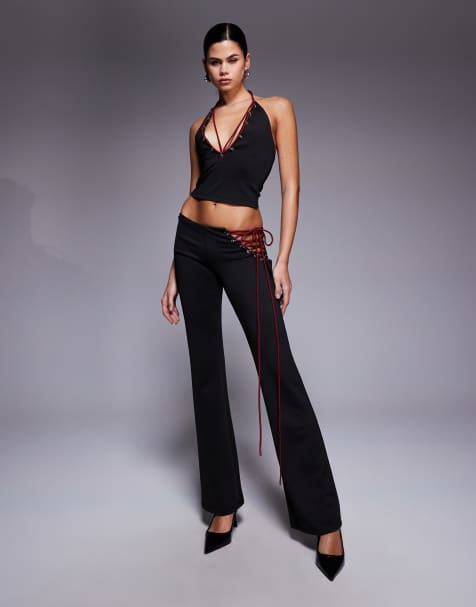 I.AM.GIA - Onyx - Coordinato con pantaloni a zampa e top allacciato al collo nero e rosso con catenina a contrasto - view 1
