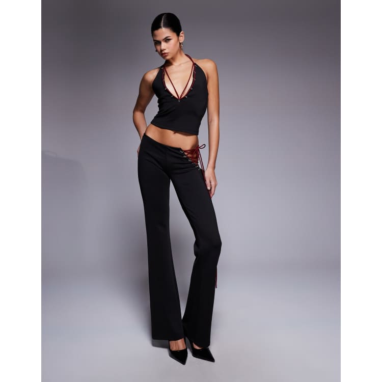 I.AM.GIA Onyx low rise lace up eyelet detail flared pants in black