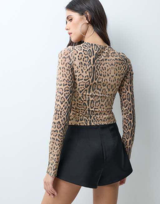 I.AM.GIA Ravyn hook and eye clasp front long sleeve top in leopard print, 4 of 5