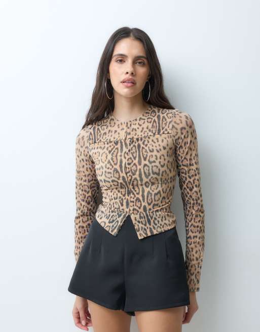 I.AM.GIA Ravyn hook and eye clasp front long sleeve top in leopard print, 5 of 5