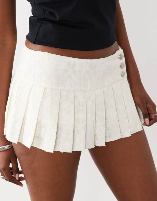 I.AM.GIA Remini lace button detail drop waist pleated mini skirt in white, 3 of 5