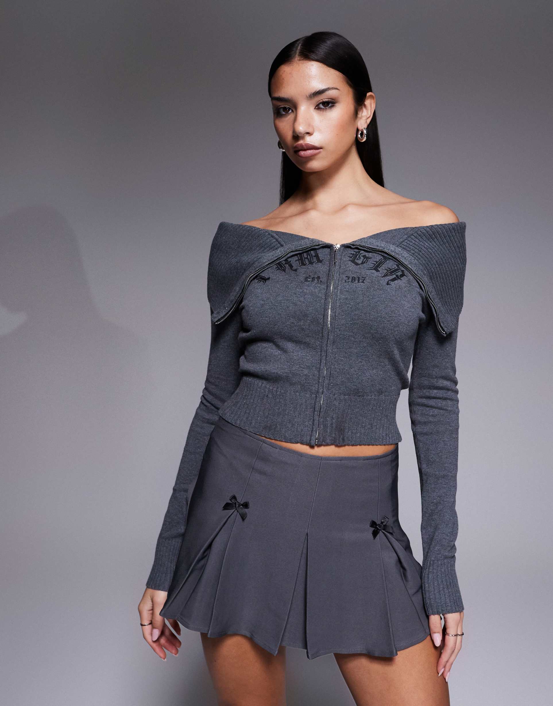 i.am.gia ribbed trim foldover bardot logo detail zip up sweater in gray