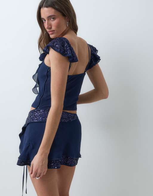 I.AM.GIA Romance sequin trim tie detail chiffon mini skirt co-ord in navy, 3 of 5
