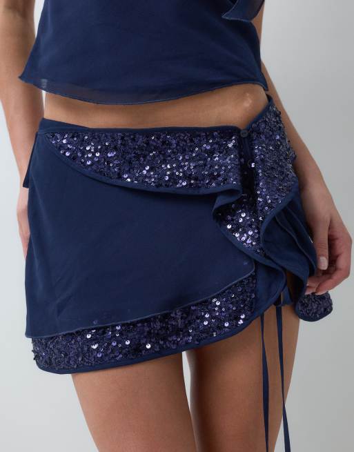 I.AM.GIA Romance sequin trim tie detail chiffon mini skirt co-ord in navy, 4 of 5