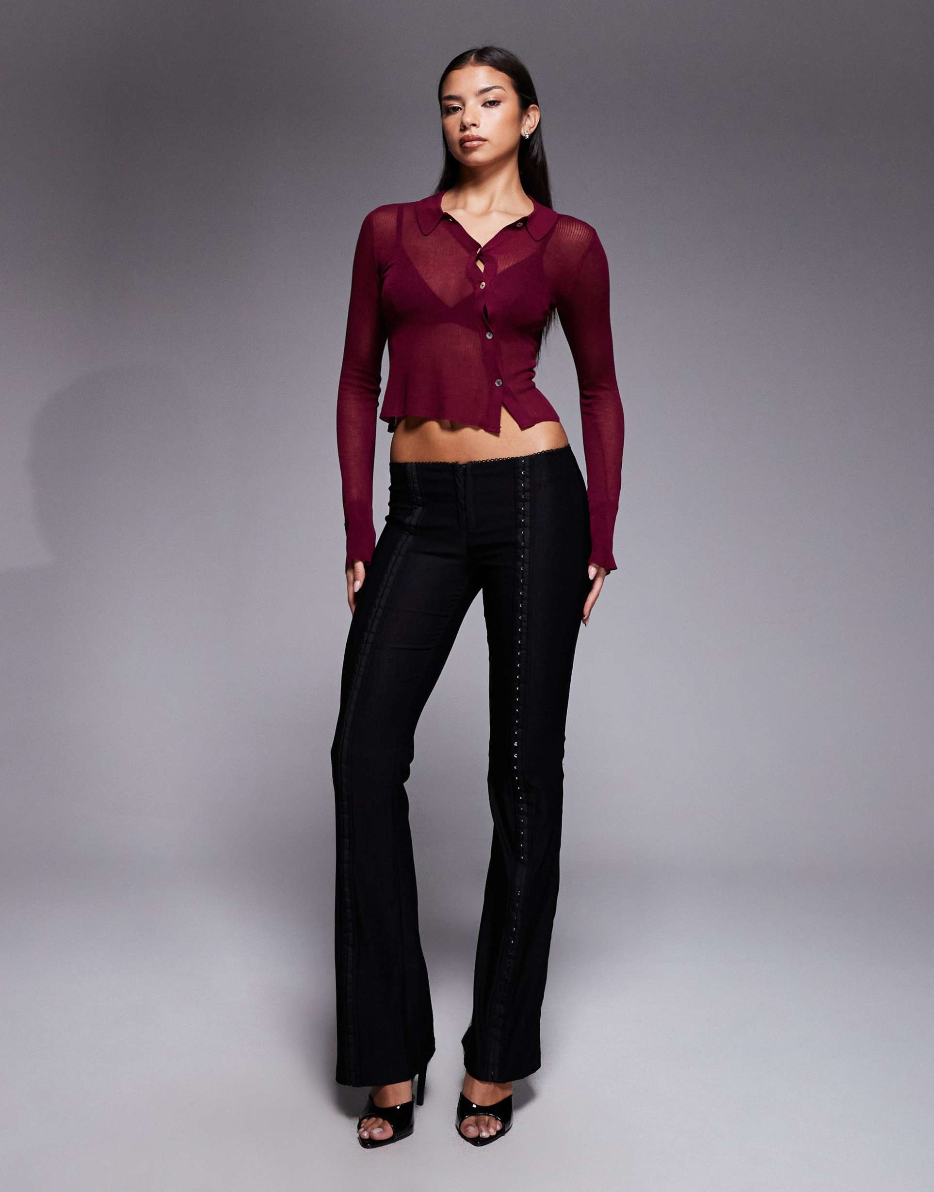i.am.gia ronan low rise hook and eye seam detail kick flare pants in black - part of a set