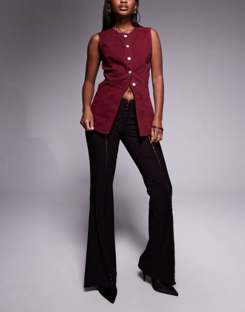 I.AM.GIA Ronan low rise hook and eye split front flared trouser in black and red pinstripe