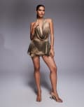 [I.AM.GIA] I.AM.GIA Rosanna georgette chiffon plunge cowl halterneck low back mini dress in brown snake 2XS BROWN SNAKESKIN