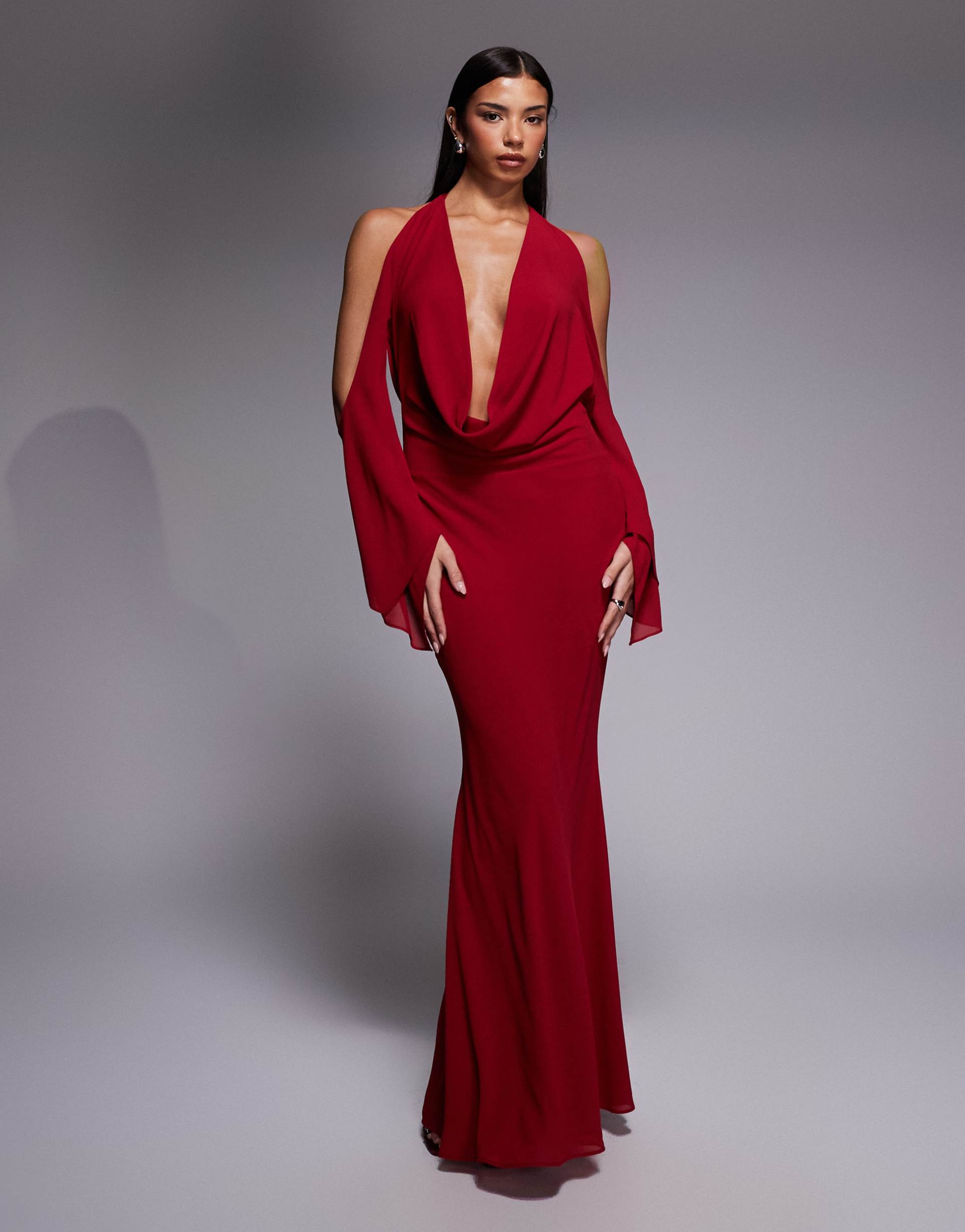 i.am.gia rosanna halterneck open back georgette chiffon maxi dress in burgundy