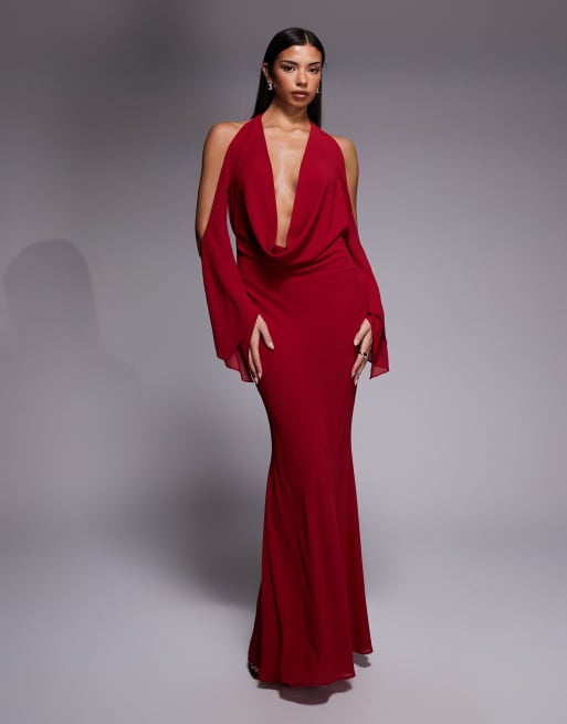 I.AM.GIA - Rosanna - Vestito lungo allacciato al collo in georgette di chiffon color bordeaux con schiena scoperta