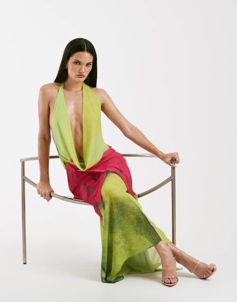 I.AM.GIA Samantha plunge cowl halterneck low back maxi dress in yellow and pink floral - view 1