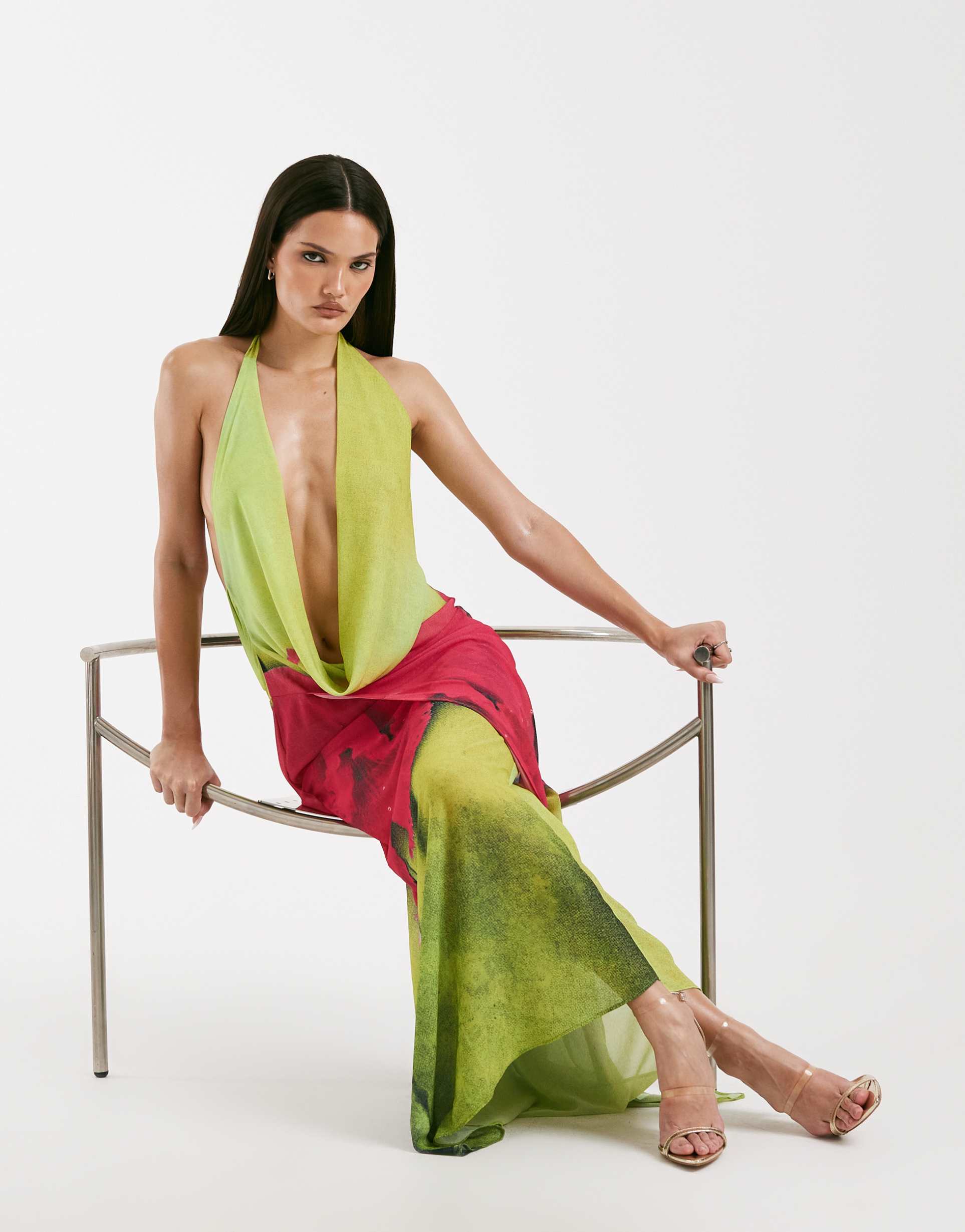 i.am.gia samantha plunge cowl halterneck low back maxi dress in yellow and pink floral