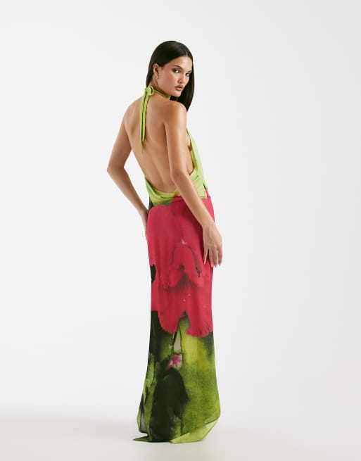 I.AM.GIA Samantha plunge cowl halterneck low back maxi dress in yellow and pink floral