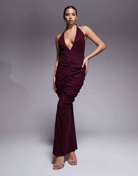 I.AM.GIA Sashi deep plunge neck low back ruched detail maxi dress in plum - view 1