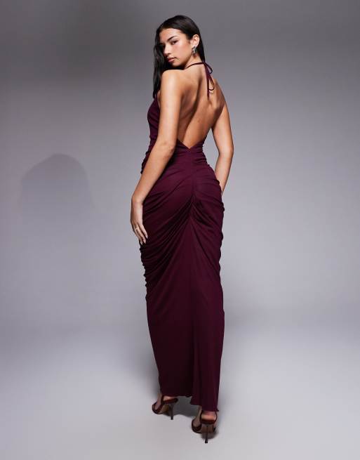 I.AM.GIA Sashi deep plunge neck low back ruched detail maxi dress in plum |  ASOS