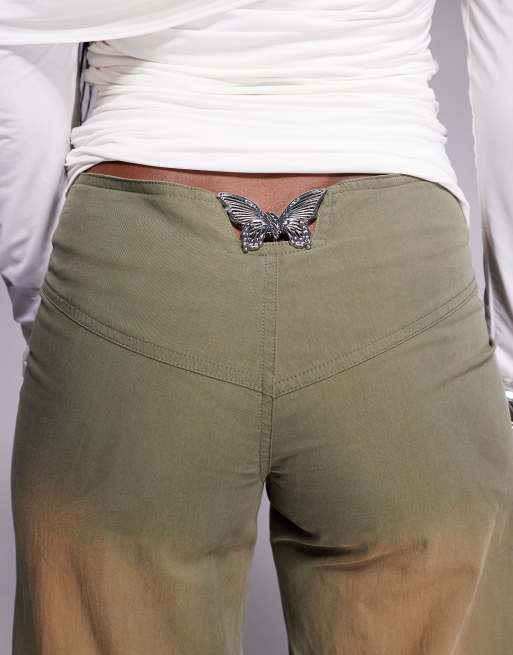 I.AM.GIA Sequoia low rise butterfly pattern hardware cotton cargo trousers in washed khaki