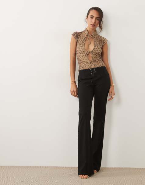 I.AM.GIA Seraya stretch woven mid rise wide leg lace up detail trousers in black - view 1