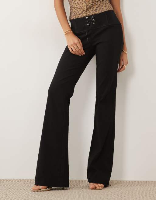 I.AM.GIA Seraya stretch woven mid rise wide leg lace up detail trousers in black, 3 of 5