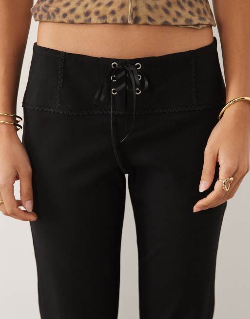 I.AM.GIA Seraya stretch woven mid rise wide leg lace up detail trousers in black, 4 of 5