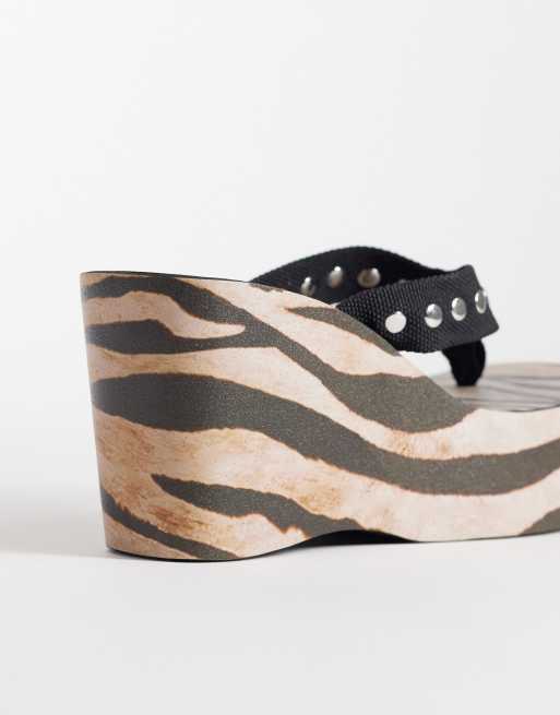 I.AM.GIA Shelby 2.0 studded platform wedge flip flops co-ord in zebra print, 4 of 4