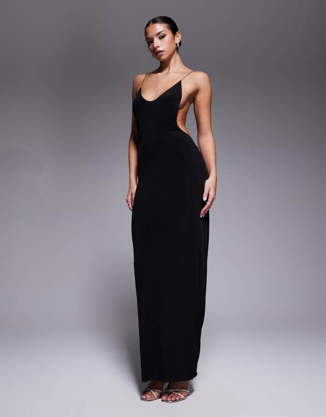 iamgia backless dress I.AM.GIA Simone halter plunge neck drape detail open back maxi with metal detail in black Partially lined Built Side Slit Prom Dress Petal and Pup Women's Color:Neon Coral