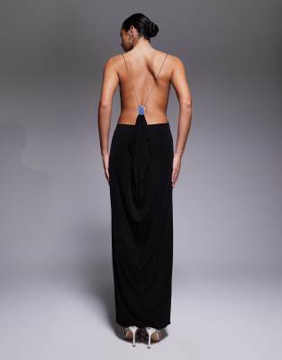 I.am.gia Simone Halter Plunge Neck Drape Detail Open Back Maxi Dress With Metal Detail In Black