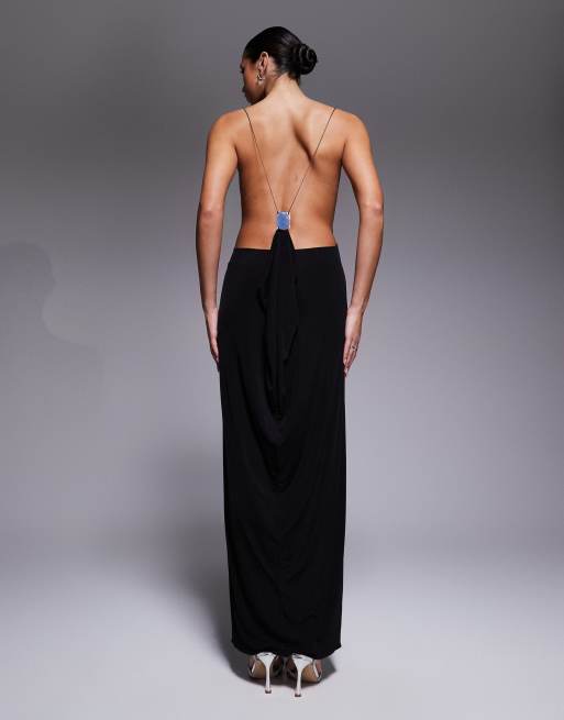 I.AM.GIA Simone halter plunge neck drape detail open back maxi dress with metal detail in black
