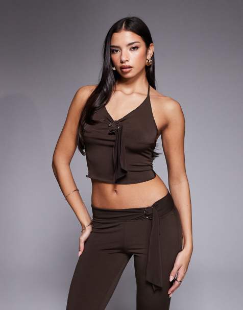 I.AM.GIA Siofra metal hardware drape detail cropped cami top in brown (Part of a set) - view 1