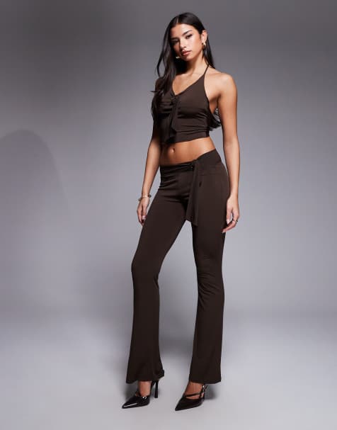 I.AM.GIA Siofra metal hardware drape detail cropped halterneck cami top and flared pants set in brown - view 1