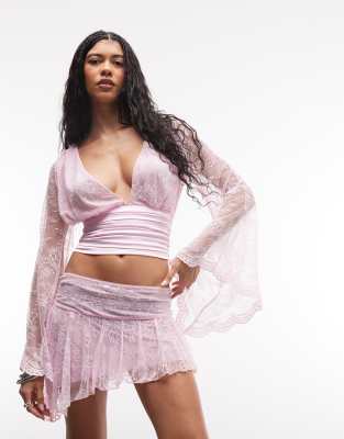 I.AM.GIA Stevie lace deep plunge neck fluted sleeves top in baby pink - part of a set baby pink