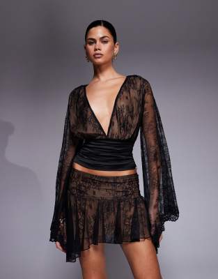 I.am.gia Stevie Lace Flute Sleeve Open Shoulder Deep Plunge Hook And Eye Detail Top In Black