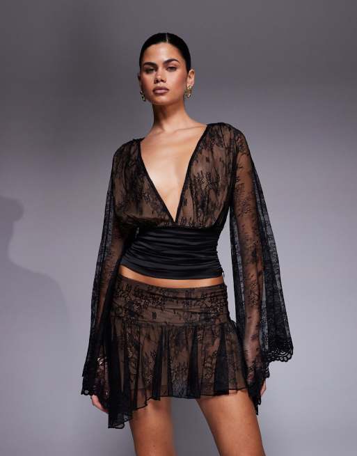 I.AM.GIA - Stevie - Top d'ensemble en dentelle à manches évasées, épaules nues et décolleté plongeant à agrafe - Noir
