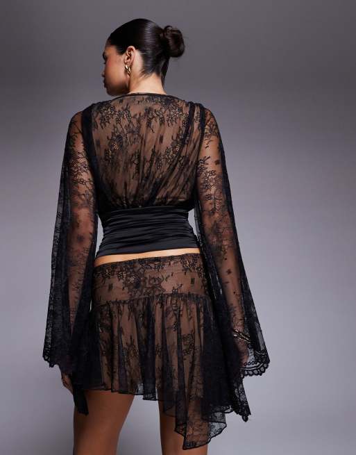 I.AM.GIA - Stevie - Top nero in pizzo con maniche con volant e scollo profondo in coordinato, 3 di 4