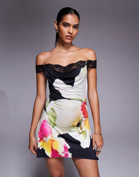 I.AM.GIA Theodora super soft slinky bardot lace cowl neck mini dress in black orchid floral - view 1