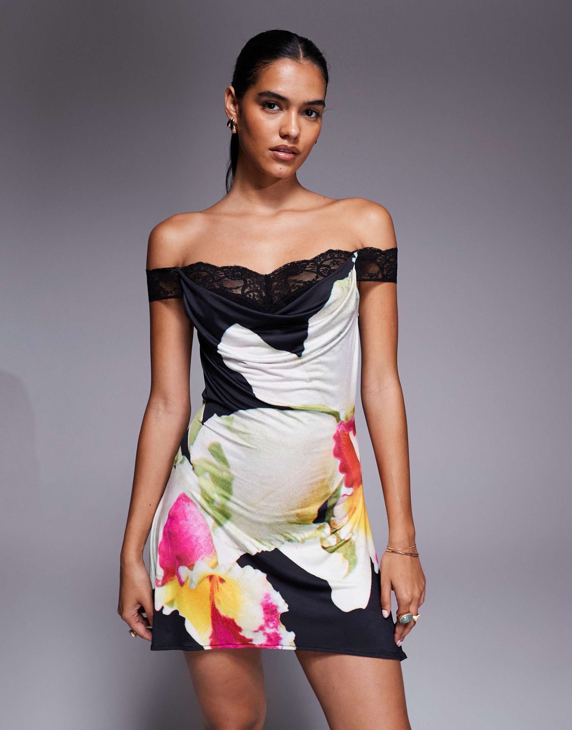 i.am.gia theodora super soft slinky bardot lace cowl neck mini dress in black orchid floral