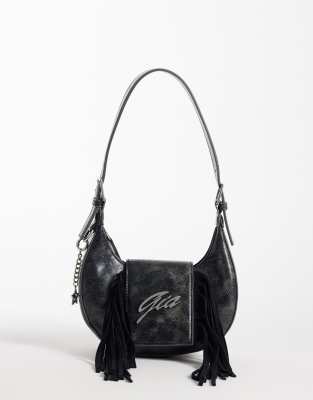 I.am.gia Tia Textured Faux Leather Chrome Logo Detail Fringe Front Adjustable Shoulder Bag In Black