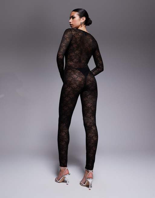 I.AM.GIA - Tigra - Sort jumpsuit i blondemateriale med dyb udskæring og metaldetalje, 4 af 4