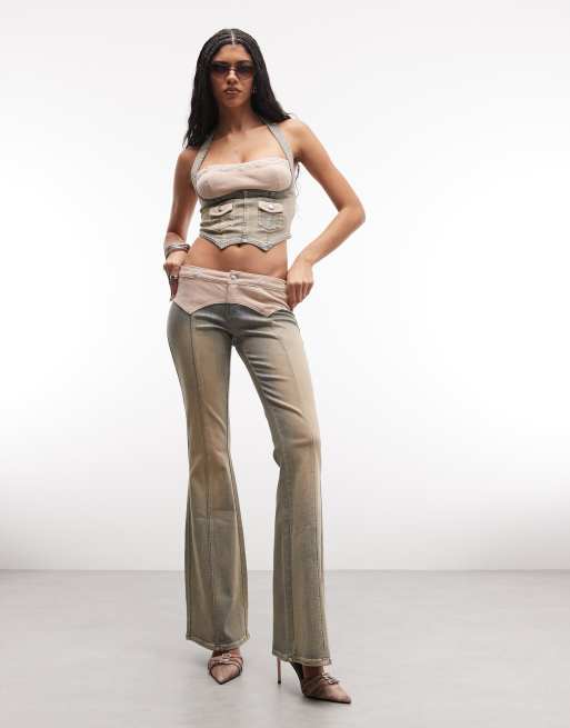 I.AM.GIA - Tommie - Ensemble en denim avec top dos nu avec détails contrastants sur le buste en velours côtelé et jean - Fauve délavé vintage