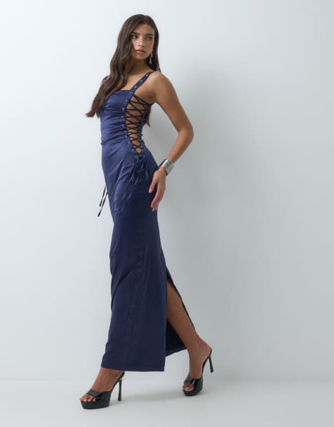 I.AM.GIA vestito lungo in raso blu navy con scollo a cuore, corsetto e allacciatura - view 1