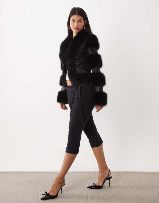 I.AM.GIA Vrai textured leather look panelled faux fur trim fitted jacket in black, 2 of 4
