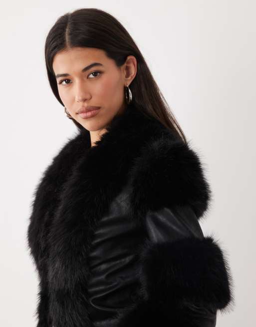 I.AM.GIA Vrai textured leather look panelled faux fur trim fitted jacket in black, 3 of 4