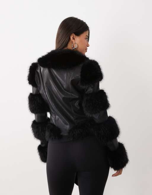 I.AM.GIA Vrai textured leather look panelled faux fur trim fitted jacket in black, 4 of 4
