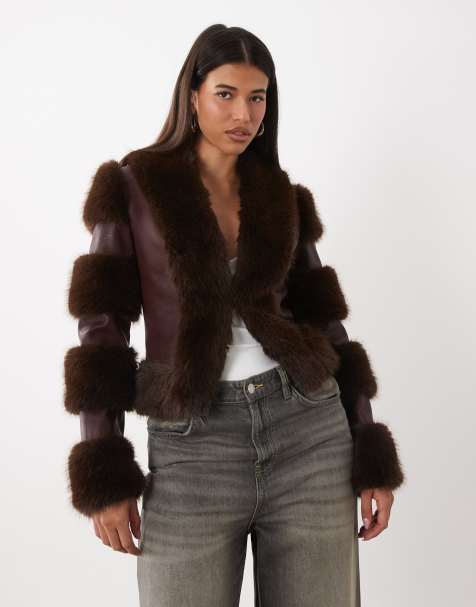 I.AM.GIA Vrai textured leather look panelled faux fur trim fitted jacket in plum - view 1