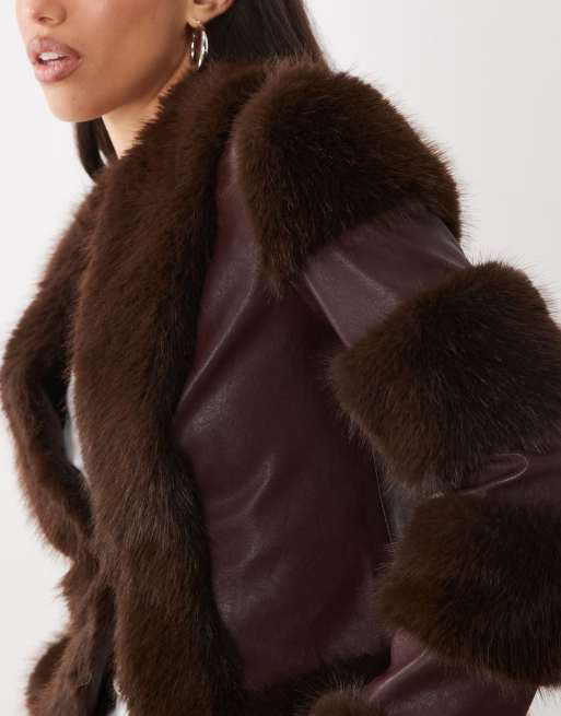 I.AM.GIA Vrai textured leather look panelled faux fur trim fitted jacket in plum, 2 of 4