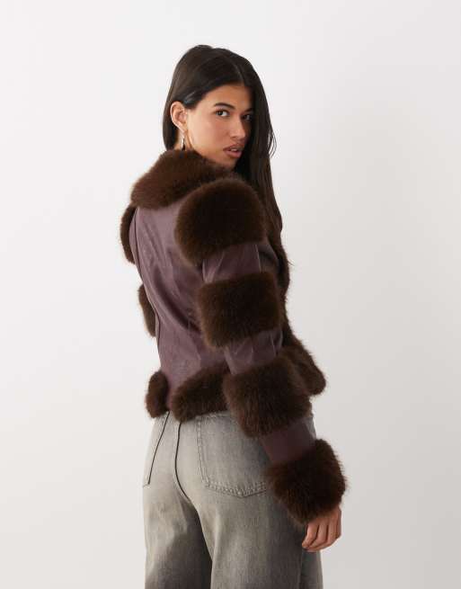 I.AM.GIA Vrai textured leather look panelled faux fur trim fitted jacket in plum, 4 of 4