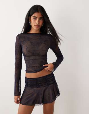 I.am.gia Yvette Butterfly Pattern Lace Ruched Waist Mini Wrap Skirt In Blue