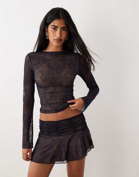 I.AM.GIA - Yvette - Mini-jupe portefeuille d'ensemble à taille froncée en dentelle à motif papillons - Bleu marine - view 1